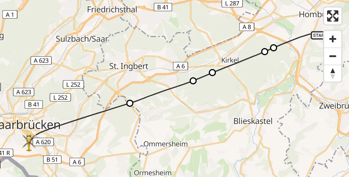 Flugroute Rettungshubschrauber Homburg - Saarbrücken, 12 Februar 2026, 15:36