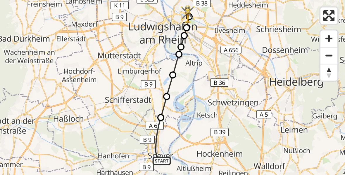 Flugroute Rettungshubschrauber Speyer - Neckarstadt-Ost/Wohlgelegen, 12 Februar 2026, 15:47