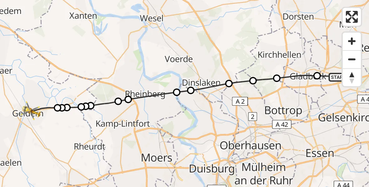 Flugroute Rettungshubschrauber Gelsenkirchen-Nord - Geldern, 12 Februar 2026, 15:48