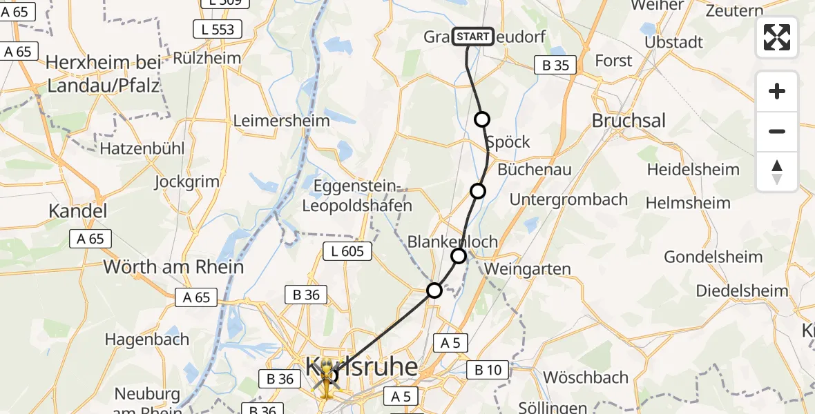 Flugroute Rettungshubschrauber Graben-Neudorf - Sankt Vincentius Hospital Heliport, 12 Februar 2026, 15:51