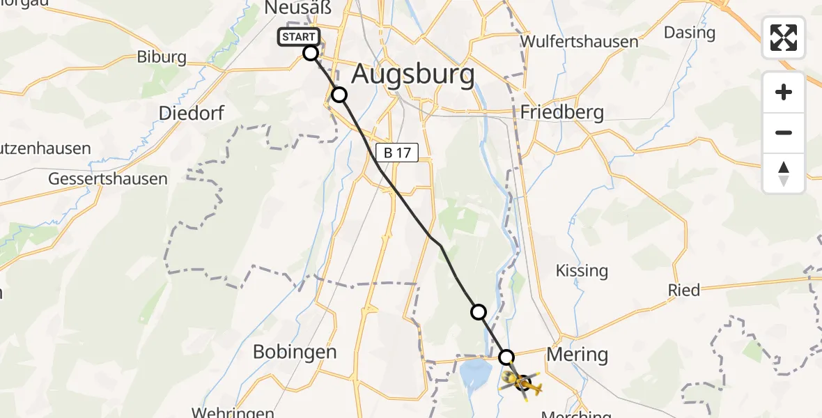 Flugroute Rettungshubschrauber Augsburg University Hospital Heliport - Merching, 12 Februar 2026, 15:54