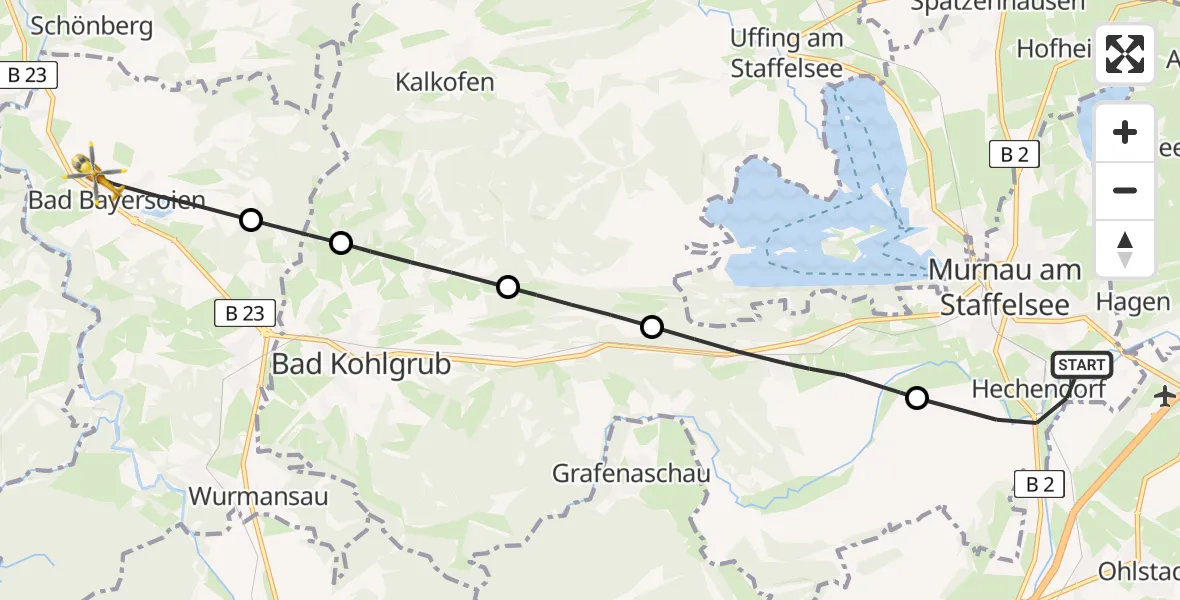 Flugroute Rettungshubschrauber Hechendorf - Bad Bayersoien, 12 Februar 2026, 15:59