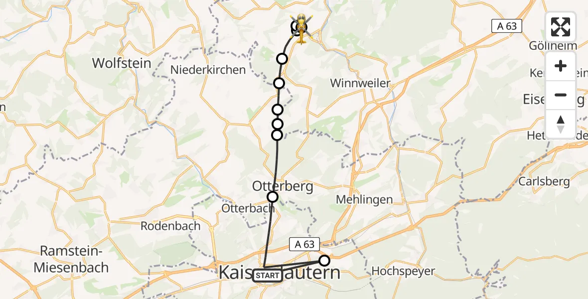 Flugroute Rettungshubschrauber Westpfalz Hospital Kaiserslautern Heliport - Imsweiler UL, 12 Februar 2026, 16:10