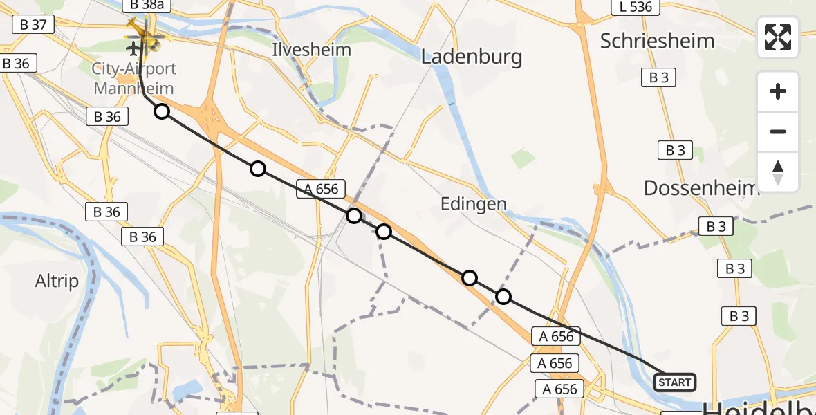 Flugroute Rettungshubschrauber Heidelberg - Mannheim-City Airport, 12 Februar 2026, 16:11