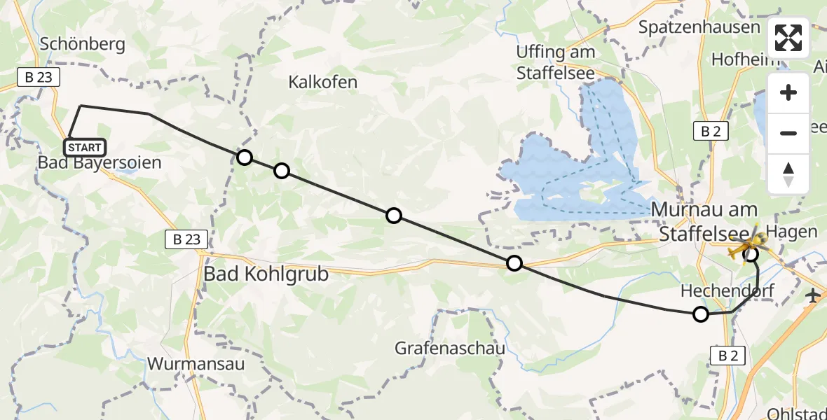 Routekaart van de vlucht: Rettungshubschrauber nach Murnau Accident Hospital Heliport