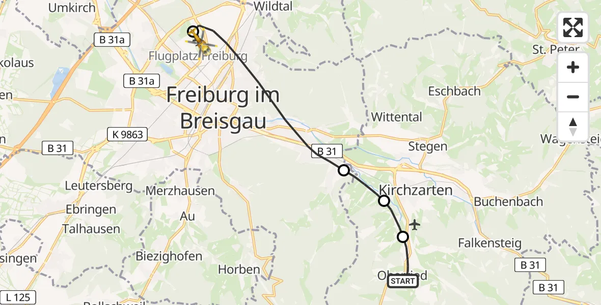 Flugroute Rettungshubschrauber Oberried - Freiburg im Breisgau Airfield, 12 Februar 2026, 17:20