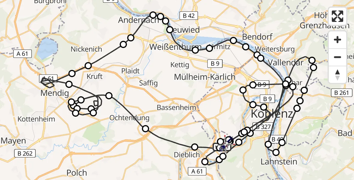 Flugroute Polizeihubschrauber Winningen - Koblenz-Winningen Airfield, 12 Februar 2026, 17:38