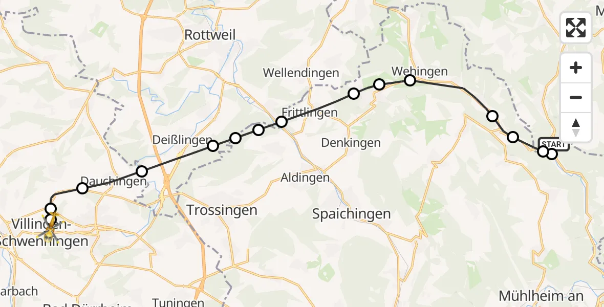 Routekaart van de vlucht: Rettungshubschrauber nach DRF Air Rescue Station Villingen-Schwenningen Heliport (Christoph 11)