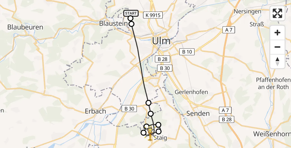 Flugroute Rettungshubschrauber ADAC Air Rescue Station Ulm (Christoph 22) - Altheim ob Weihung, 12 Februar 2026, 18:02