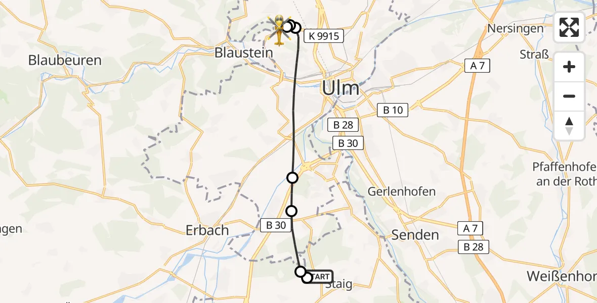 Flugroute Rettungshubschrauber Altheim ob Weihung - ADAC Air Rescue Station Ulm (Christoph 22), 12 Februar 2026, 18:37