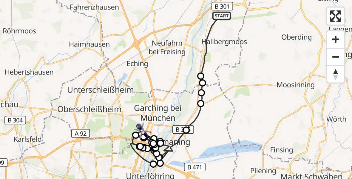 Flugroute Polizeihubschrauber Hallbergmoos - Garching bei München, 12 Februar 2026, 18:44