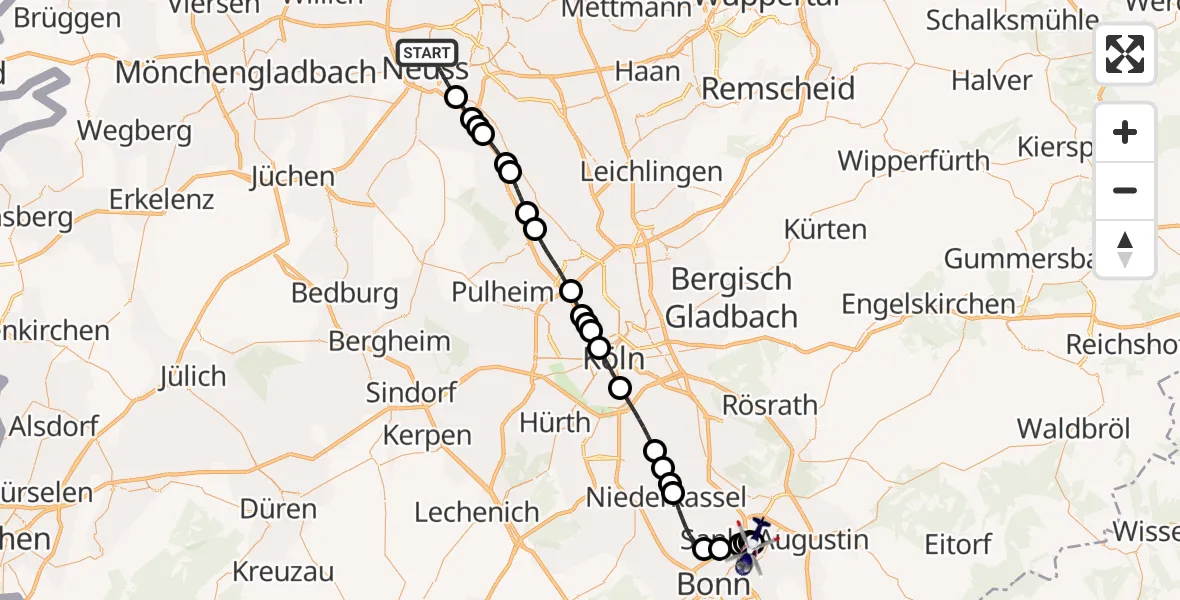 Flugroute Polizeihubschrauber Neuss - Bonn-Hangelar Airfield, 12 Februar 2026, 21:17