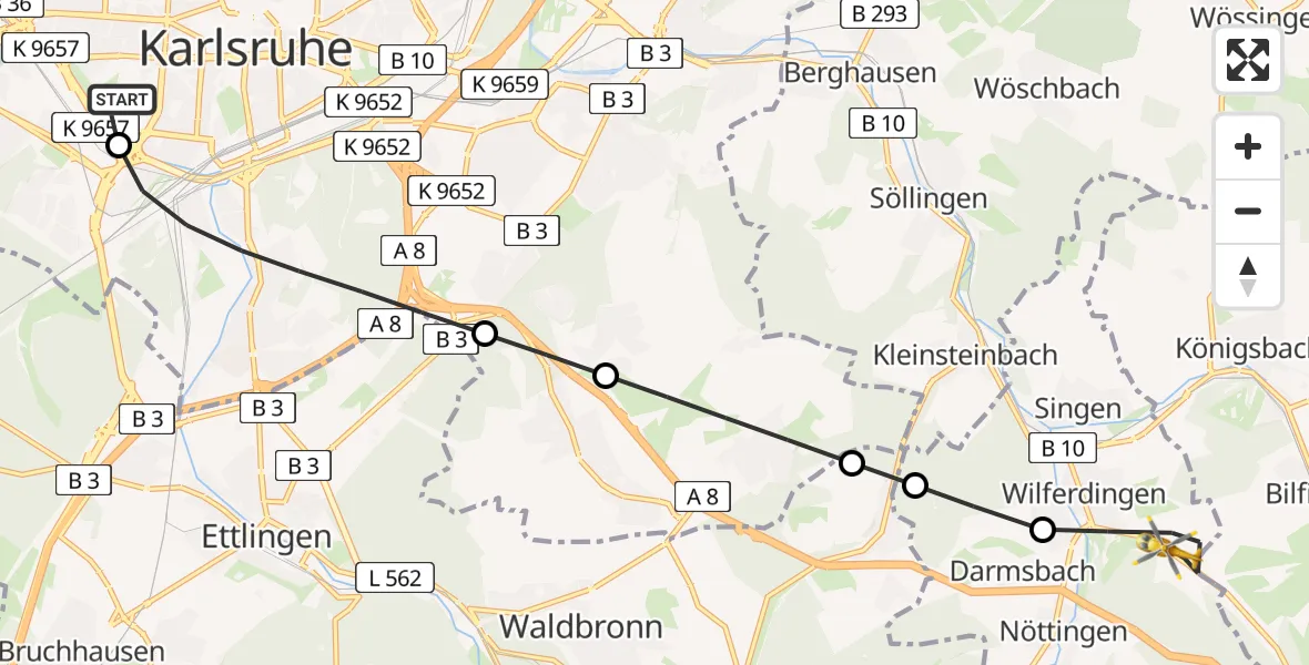Flugroute Rettungshubschrauber Sankt Vincentius Hospital Heliport - Wilferdingen, 13 Februar 2026, 06:53