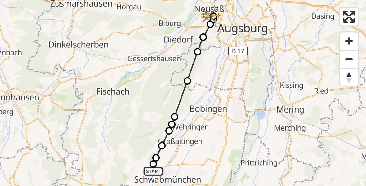 Routekaart van de vlucht: Ambulanzhubschrauber nach Augsburg University Hospital Heliport