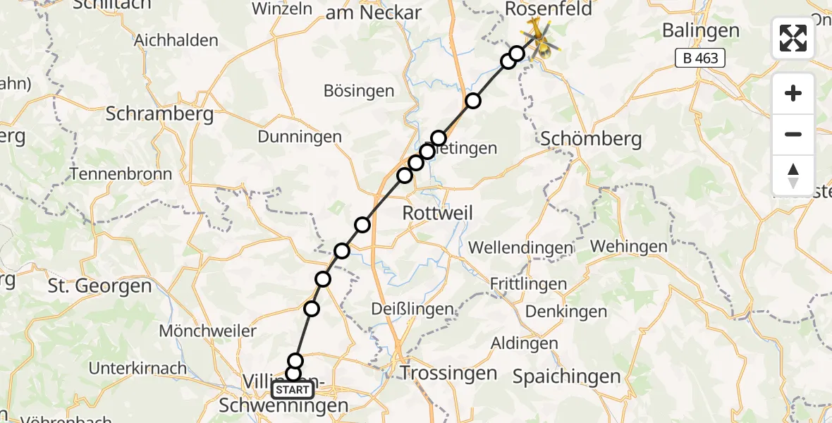 Flugroute Rettungshubschrauber DRF Air Rescue Station Villingen-Schwenningen Heliport (Christoph 11) - Rosenfeld, 13 Februar 2026, 07:10
