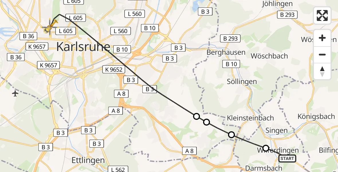 Routekaart van de vlucht: Rettungshubschrauber nach Karlsruhe, Friedrich-Blos-Straße
