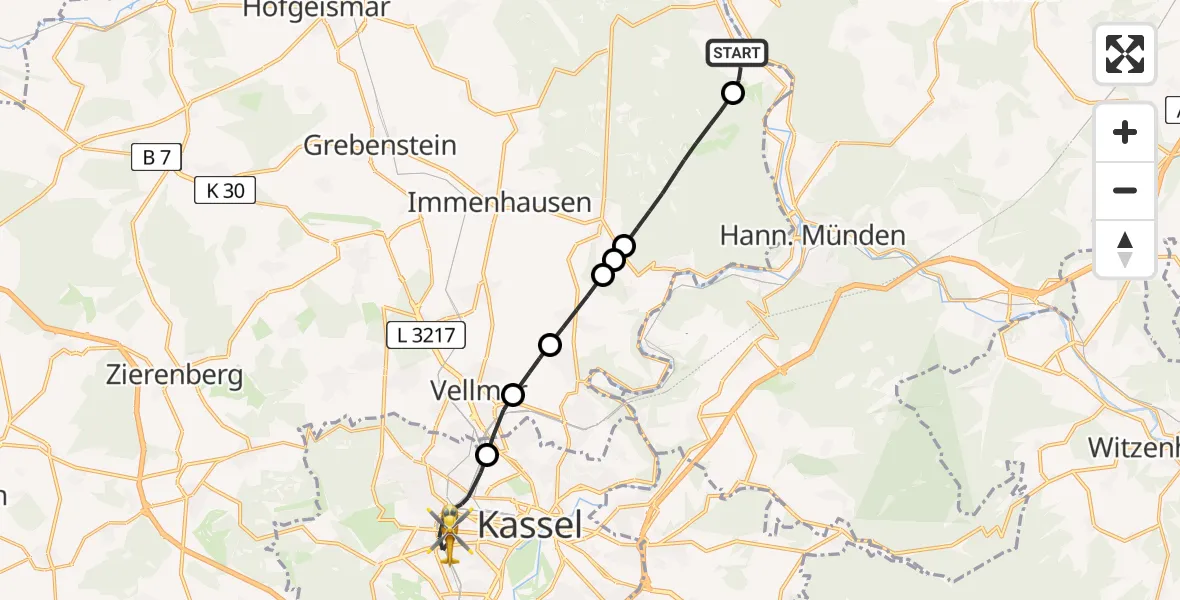 Flugroute Rettungshubschrauber Vaake - Kassel, 13 Februar 2026, 07:46