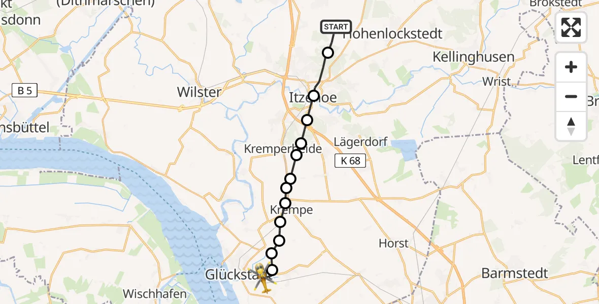 Flugroute Rettungshubschrauber Ottenbüttel - Engelbrechtsche Wildnis, 13 Februar 2026, 07:55