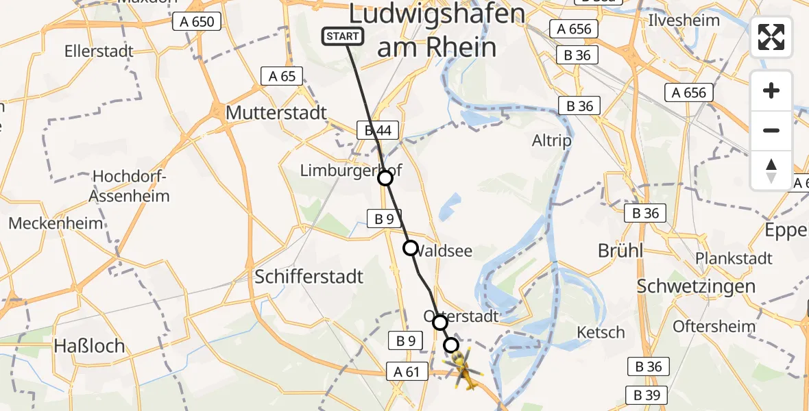 Flugroute Rettungshubschrauber Ludwigshafen am Rhein - Speyer, 13 Februar 2026, 07:57