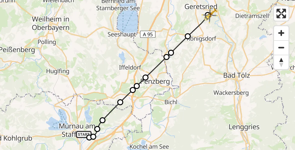 Flugroute Rettungshubschrauber Murnau Accident Hospital Heliport - Geretsried, 13 Februar 2026, 07:58