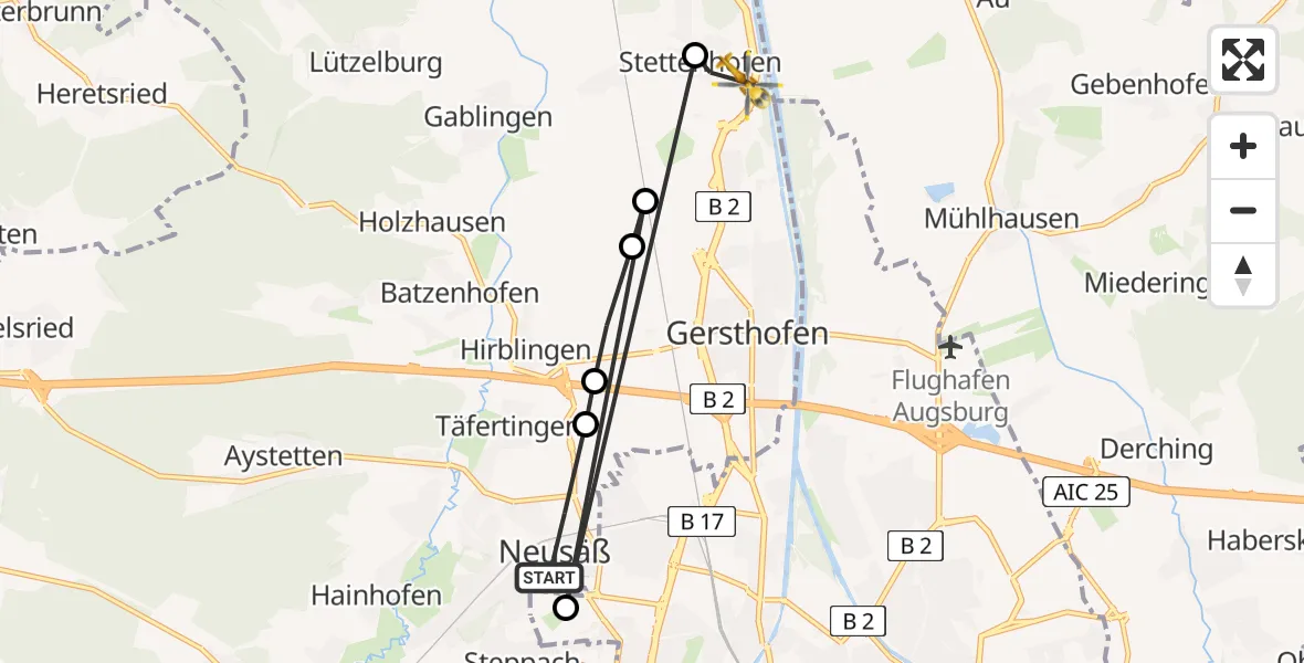 Flugroute Rettungshubschrauber Neusäß - Stettenhofen, 13 Februar 2026, 08:03