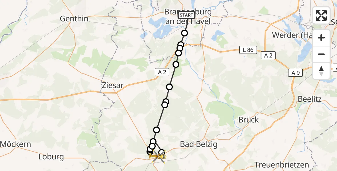 Flugroute Rettungshubschrauber Brandenburg an der Havel - Wiesenburg/Mark, 13 Februar 2026, 08:05