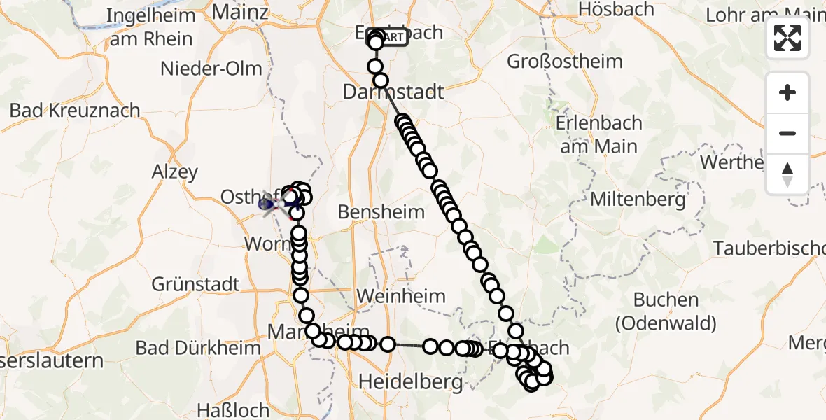 Flugroute Polizeihubschrauber Frankfurt-Egelsbach Airport - Nordheim, 13 Februar 2026, 08:10