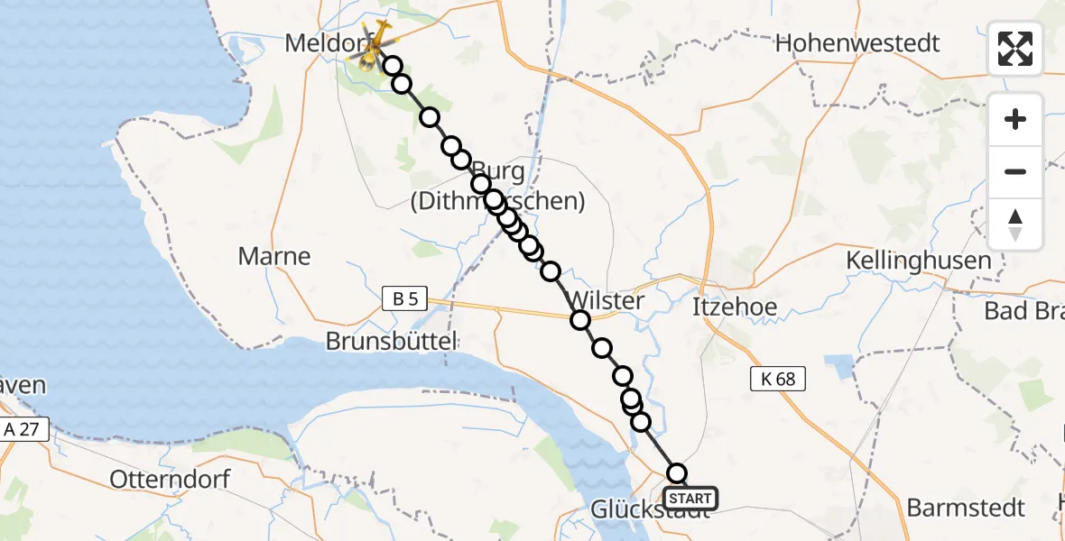 Flugroute Rettungshubschrauber Blomesche Wildnis - Nindorf, 13 Februar 2026, 08:10