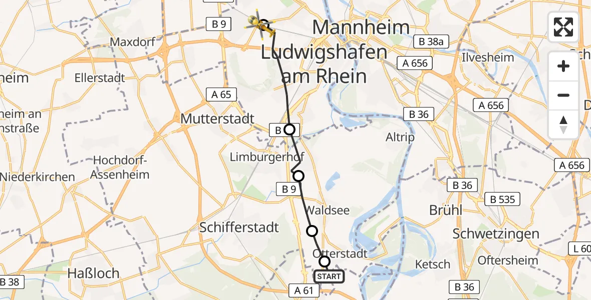 Flugroute Rettungshubschrauber Speyer - Ludwigshafen Accident Hospital Heliport, 13 Februar 2026, 08:16