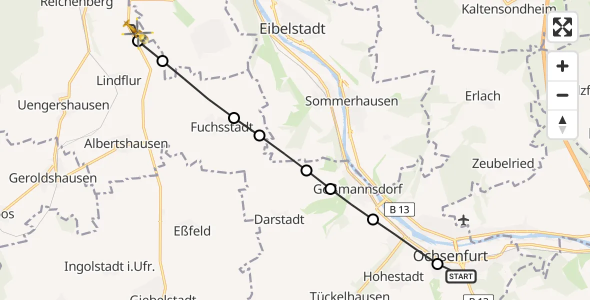 Flugroute Rettungshubschrauber Ochsenfurt - Lindflur, 13 Februar 2026, 08:18