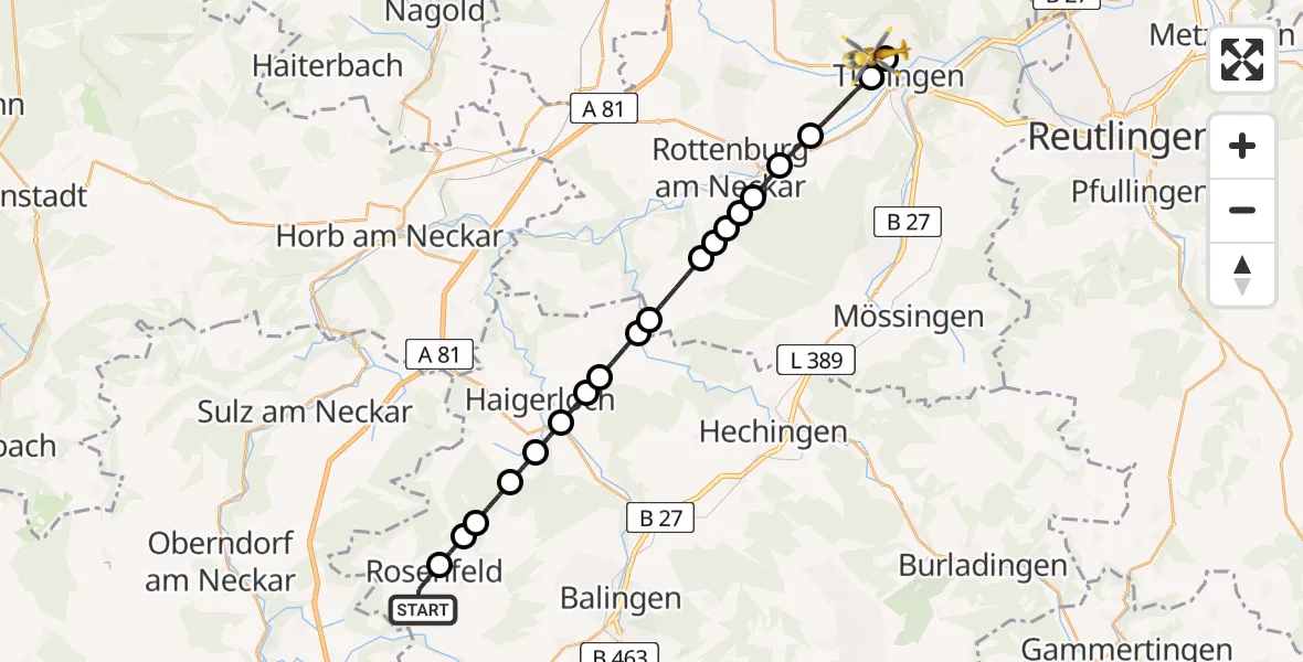 Routekaart van de vlucht: Rettungshubschrauber nach Tübingen University Hospital Heliport