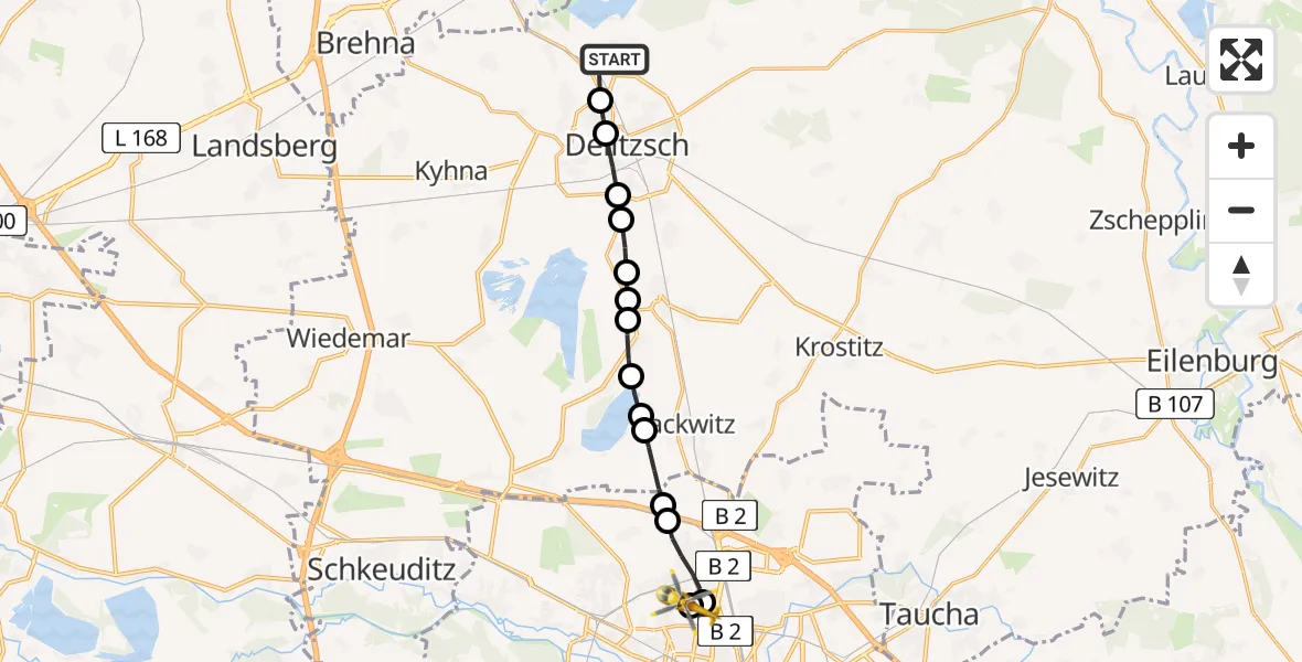 Flugroute Rettungshubschrauber Benndorf - Sankt Georg Hospital Leipzig Reserve Heliport, 13 Februar 2026, 08:24