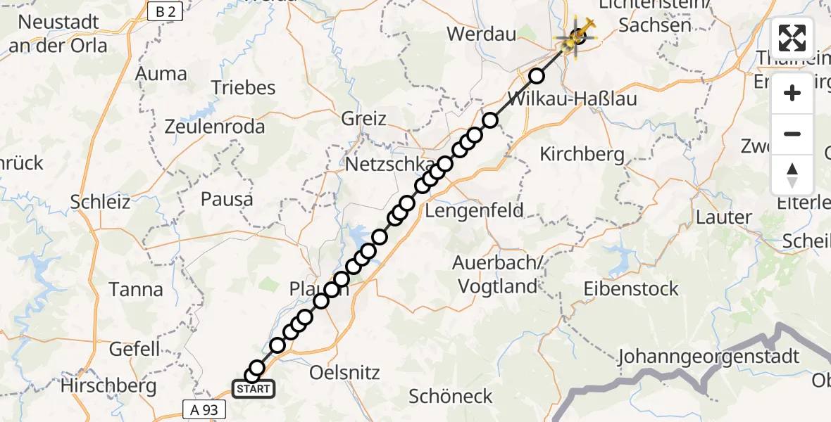 Flugroute Rettungshubschrauber Großzöbern - Zwickau, 13 Februar 2026, 08:33