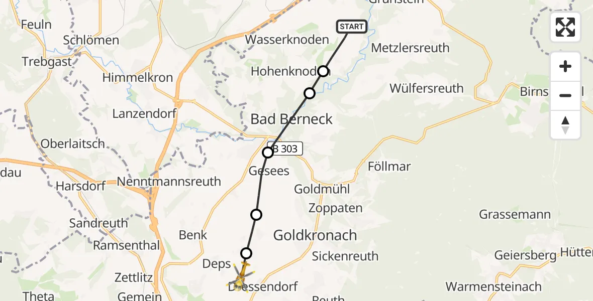 Flugroute Rettungshubschrauber Lützenreuth - Deps, 13 Februar 2026, 08:35