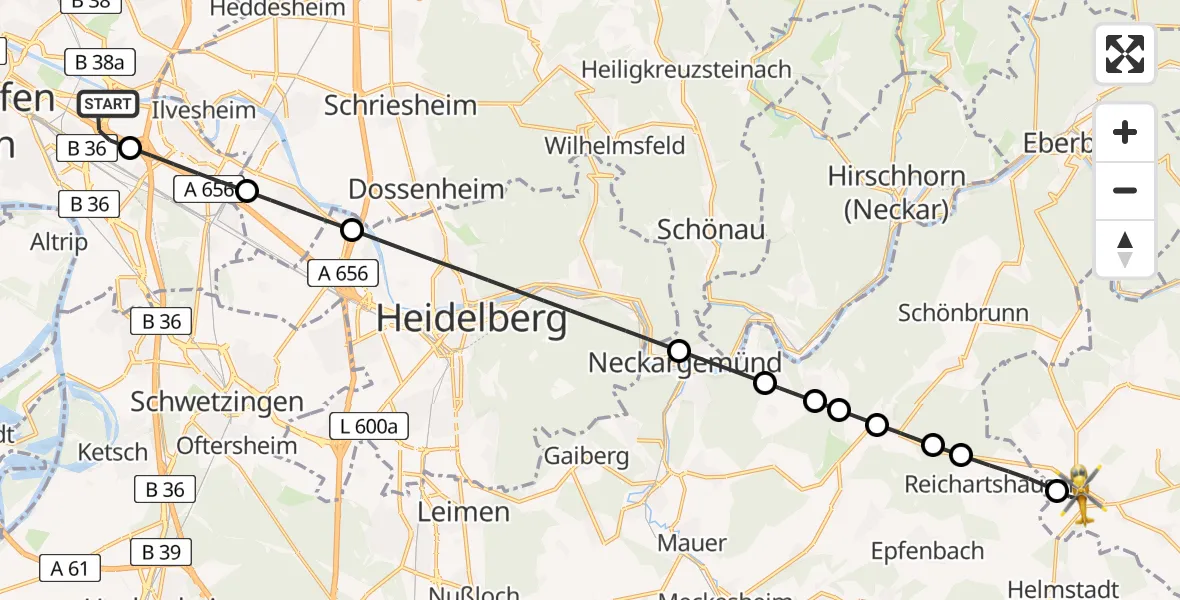 Flugroute Rettungshubschrauber Mannheim-City Airport - Aglasterhausen, 13 Februar 2026, 08:37