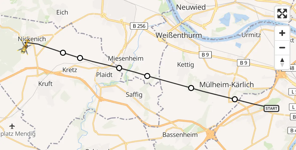 Flugroute Rettungshubschrauber Rübenach - Nickenich, 13 Februar 2026, 08:39