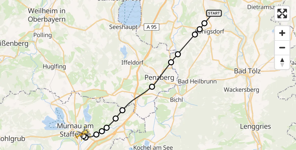 Flugroute Rettungshubschrauber Wiesen - Murnau Accident Hospital Heliport, 13 Februar 2026, 08:48