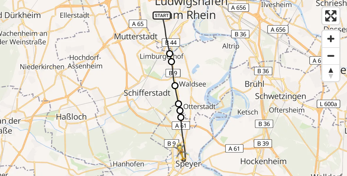 Routekaart van de vlucht: Rettungshubschrauber nach Speyer, Eugen-Jäger-Straße
