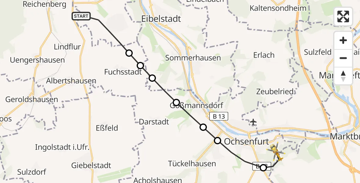 Flugroute Rettungshubschrauber Würzburg - Ochsenfurt Hospital Heliport, 13 Februar 2026, 08:52