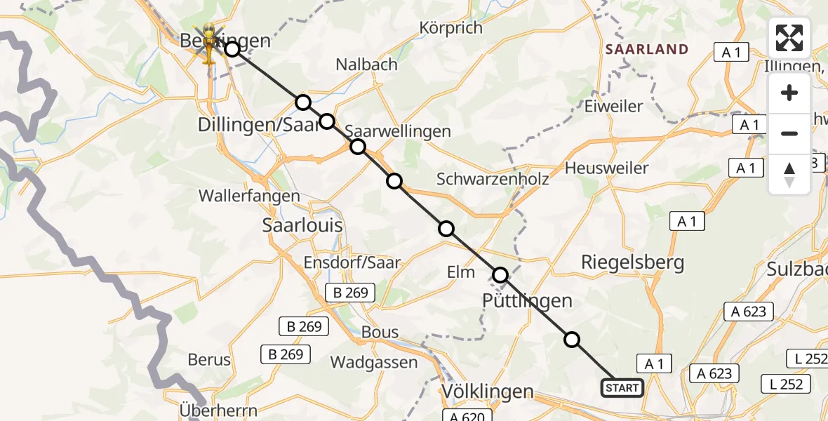 Flugroute Rettungshubschrauber Saarbrücken - Beckingen, 13 Februar 2026, 08:56