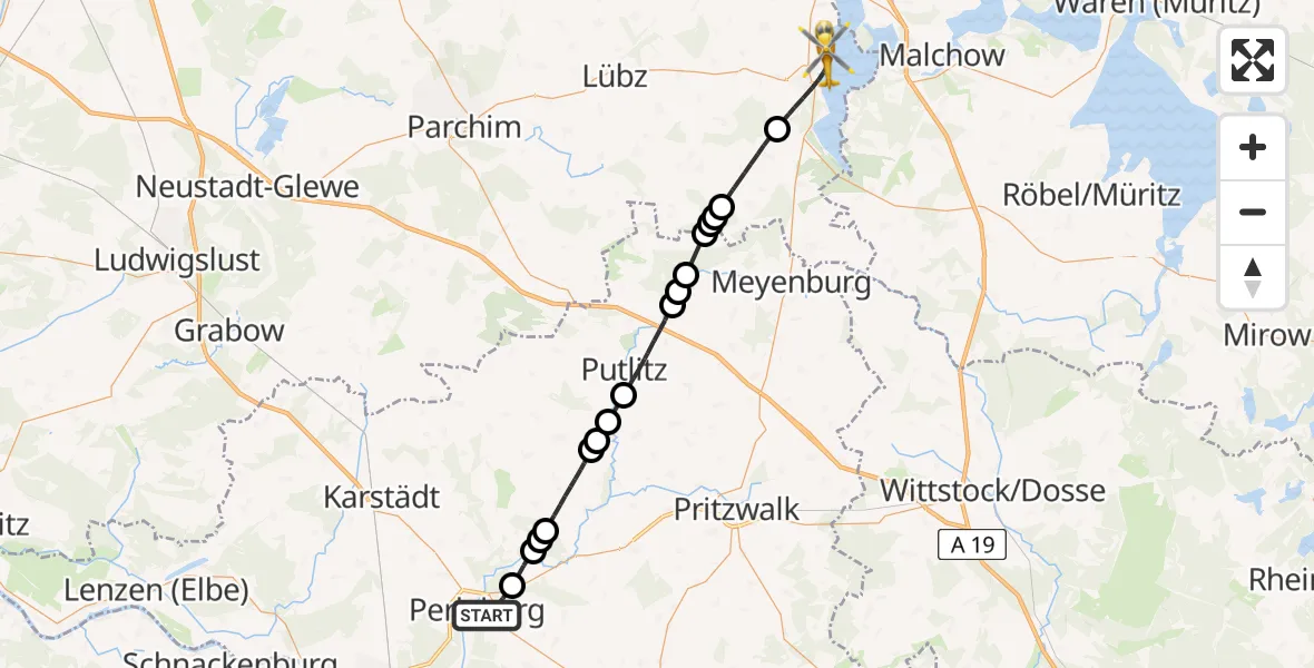 Routekaart van de vlucht: Rettungshubschrauber nach Plau am See, Kantor-Ehrich-Straße