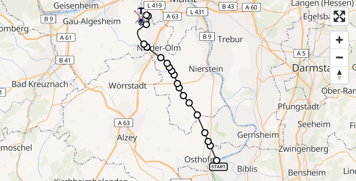 Flugroute Polizeihubschrauber Nordheim - Mainz-Finthen Airfield, 13 Februar 2026, 09:06