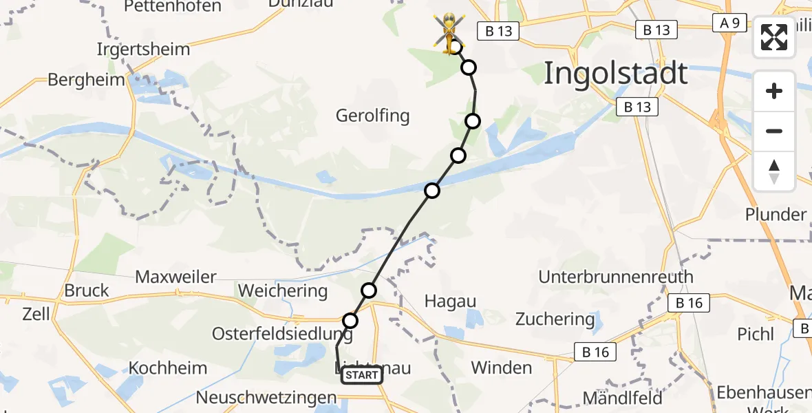 Flugroute Rettungshubschrauber Lichtenau - Ingolstadt Hospital Heliport, 13 Februar 2026, 09:08