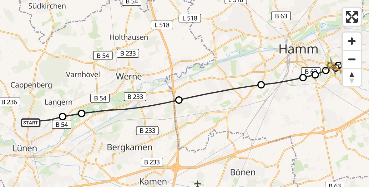 Flugroute Rettungshubschrauber Lünen - Rhynern, 13 Februar 2026, 09:17