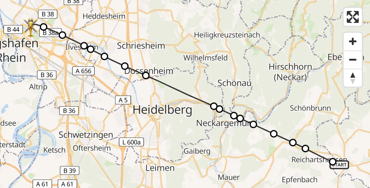 Routekaart van de vlucht: Rettungshubschrauber nach Neckarstadt-Ost/Wohlgelegen, Theodor-Kutzer-Ufer