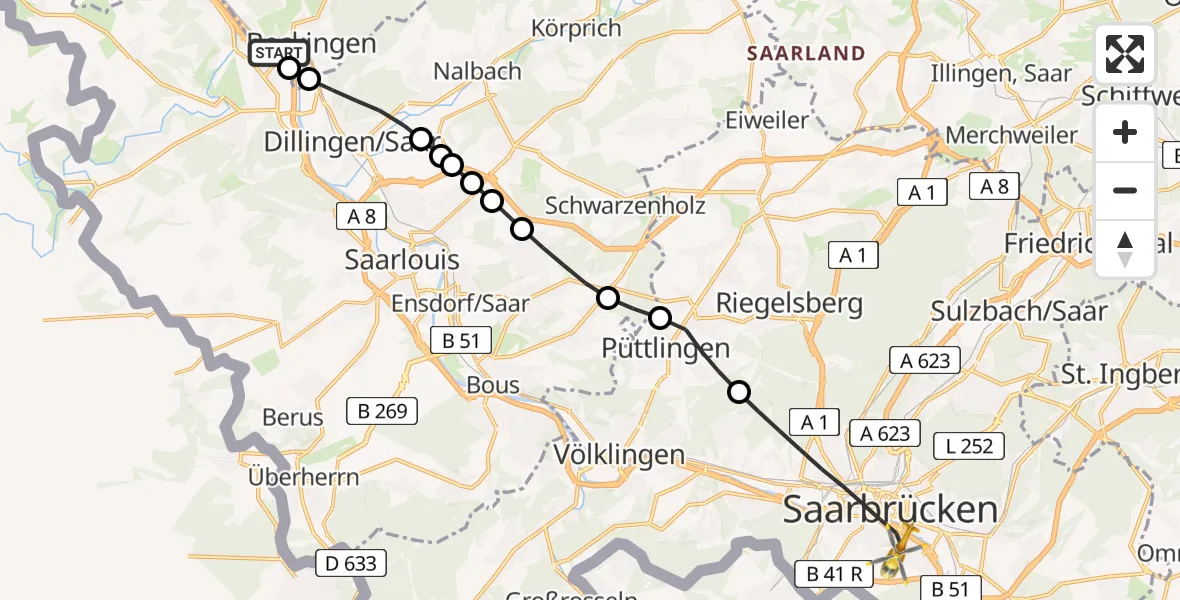 Flugroute Rettungshubschrauber Beckingen - Saarbrücken, 13 Februar 2026, 09:29
