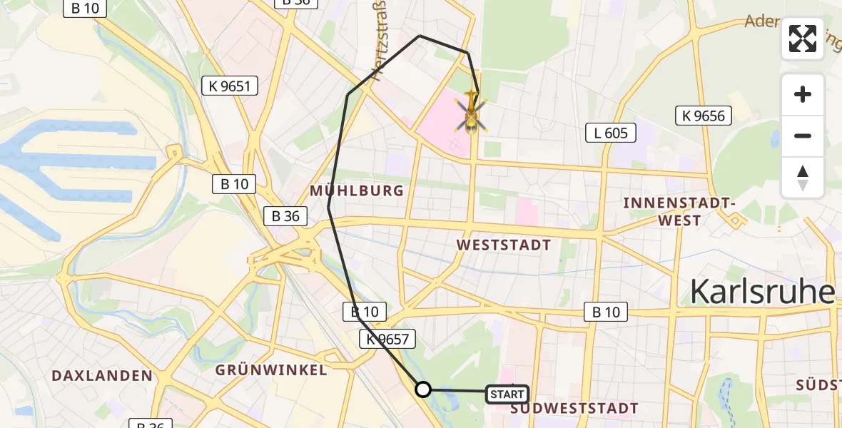 Flugroute Rettungshubschrauber Sankt Vincentius Hospital Heliport - Karlsruhe, 13 Februar 2026, 09:32