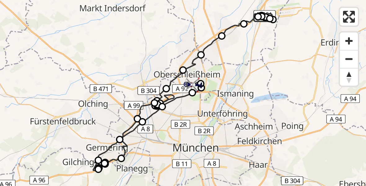Flugroute Polizeihubschrauber Hallbergmoos - Oberschleissheim Heliport, 13 Februar 2026, 09:35
