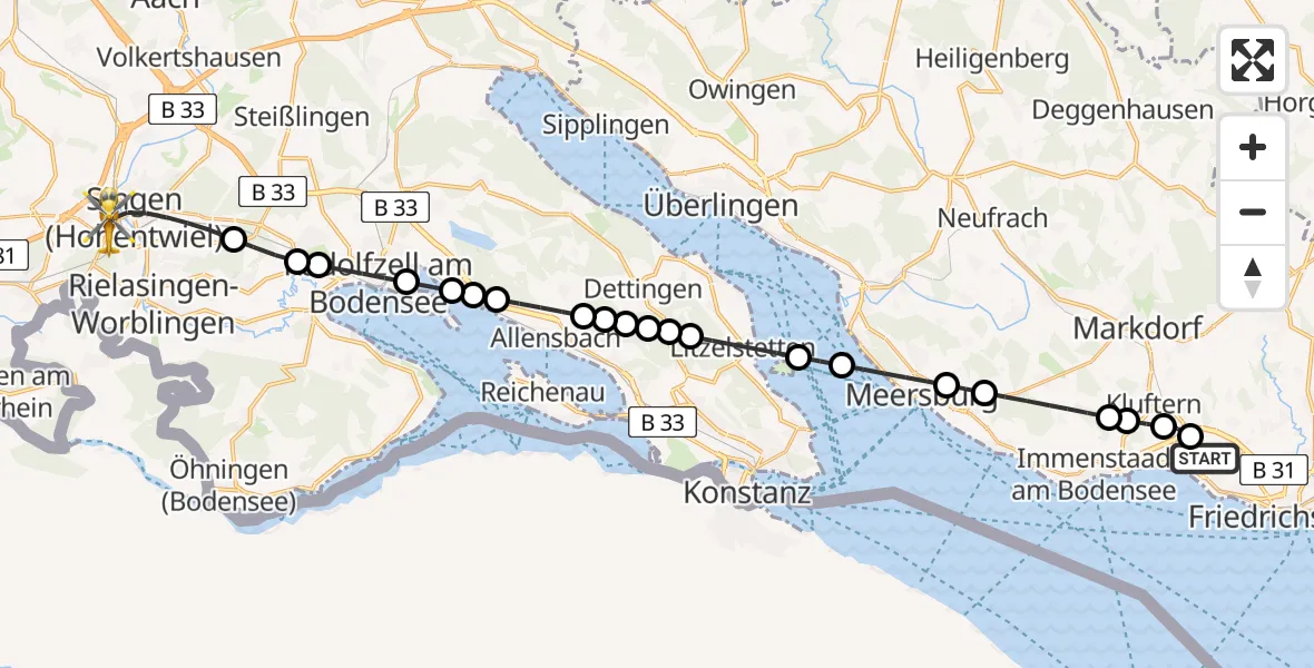 Flugroute Rettungshubschrauber Friedrichshafen Hospital Heliport - Singen (Hohentwiel), 13 Februar 2026, 09:43