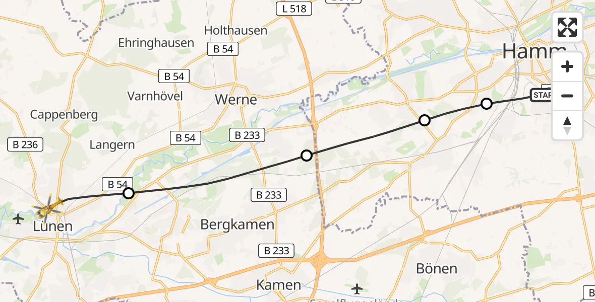 Flugroute Rettungshubschrauber Hamm-Mitte - Sankt Marien Hospital Heliport, 13 Februar 2026, 09:46